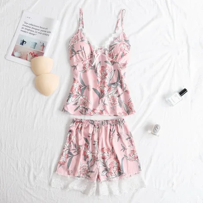Herislim, женская пижама, атласная, сексуальная, кружевная, пижама, 4 штуки, лето, цветочный принт, Пижама, одежда для сна, женская одежда для сна, домашняя одежда - Цвет: pink 2pcs