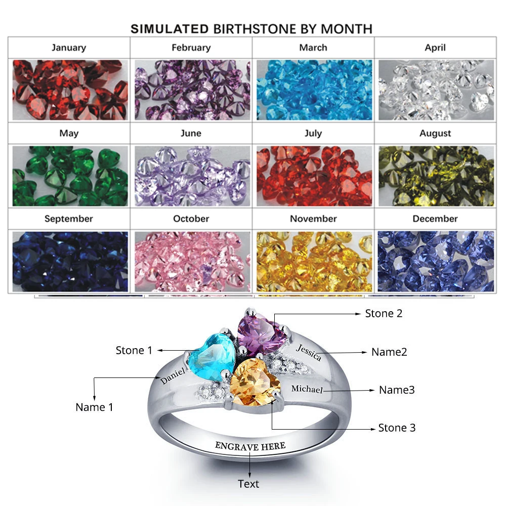 Персонализированное кольцо, которое можно Выгравировать Имя, с каменами, соответствующий месяцу своего рождения Ювелирные Изделия Кольцо на форме Сердца 925 Серебряное Кольцо Подарок День Рождения(JewelOra RI101793
