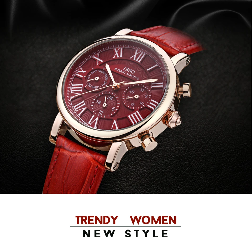 IBSO Роскошные модные часы женские с красным циферблатом кожаный ремешок из розового золота многофункциональные кварцевые часы Montre Femme 6813