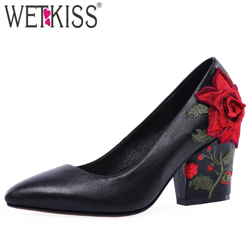 Weiblichen Pumps Leder High Ethnische Heels Frauen Wetkiss Echtem Neue 2019 Frühjahr Flachen Frau Sticken Schwarzes Pumpen Schuhe wSYRRPq