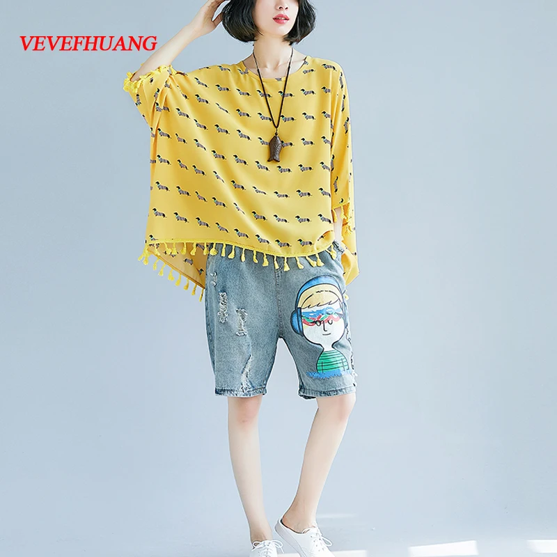 

Plus Size Loose Tshirts 2018 New Korean Women Batwing Sleeve Print Chiffon Tshirt Tassel Female Summer Tunic Tops Blue Yellow