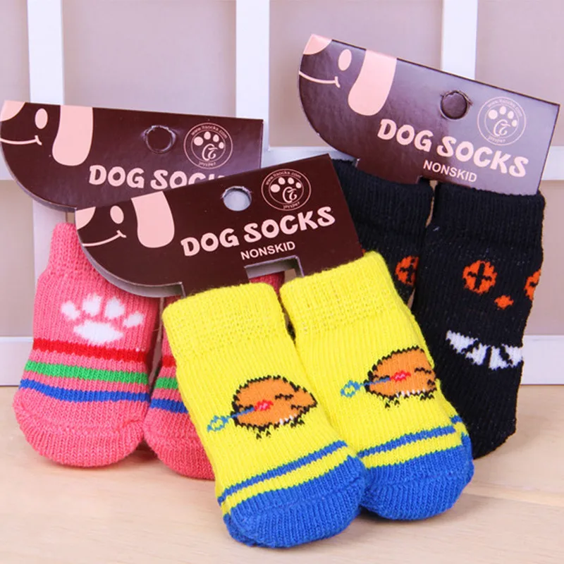 New 4pcs=1set Indoor Pet Dog Soft Cotton Anti slip Knit Weave Warm Sock