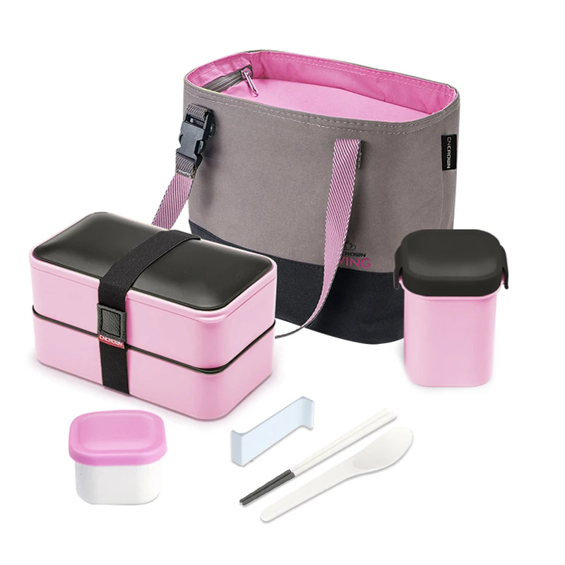 

Portable 1PC 1200ml Pink Double-layer Lunch Box With Bag Bottle Fitness Microwave Sushi Fruit Bowl Sealed Food Storage Container