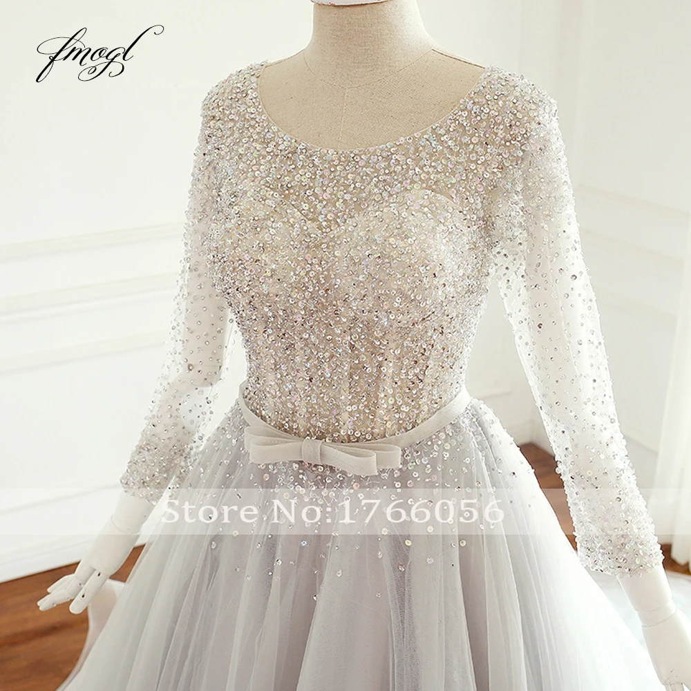Fmogl Vestido De Noiva свадебное платье трапециевидной формы с длинным рукавом сексуальное, с открытой спиной, вышитое бисером расшитое блестками свадебное платье принцессы размера плюс