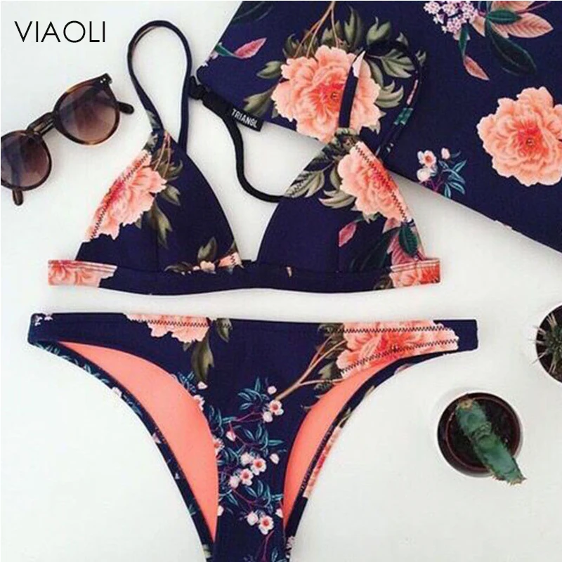 

VIAOLI Summer Sexy Triangle Print Bikini Set 2018Floral Print Beach Swimwear Women Swimsuits Lady Black Mystery Print Female New