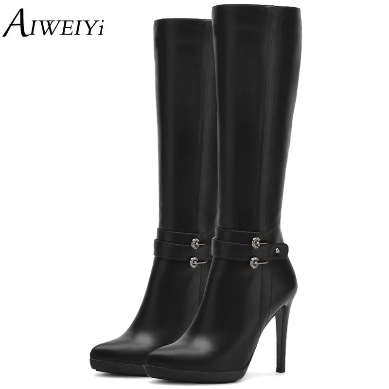 

AIWEIYi Super High Heel Winter Boots Fashion Pointed Toe Shoes Woman Platform Boots Warm Fur Over The Knee Boots Black Booties