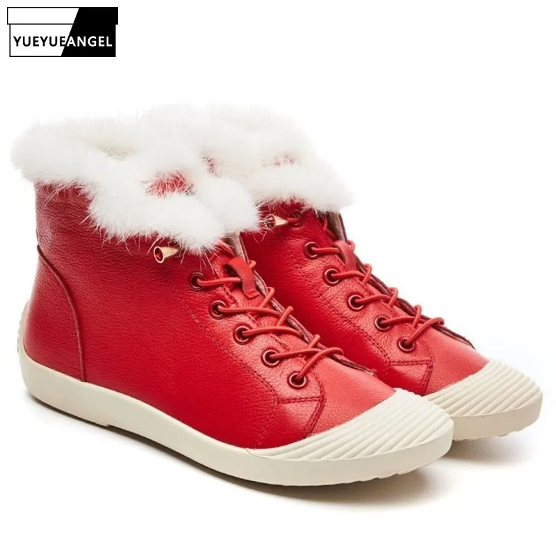 

Casual White Lace Up High Top Sneakers Women Fashion Round Toe Genuine Leather Mink Fur Flat Ankle Boots Sapato Feminino 35-40