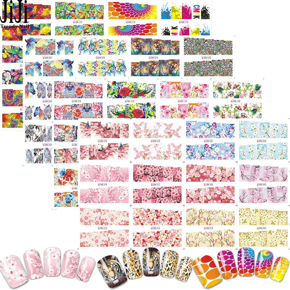 

Trendy Nail 40pcs/set Nail Art Stickers Water Transfer Nails Decals Flowers Animal Cartoon Manicure DIY Tools JIBN073-120
