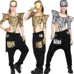 Новая мода взрослых для женщин Хип Хоп Одежда для танцев topextured дети джаз Ds костюмы золото серебряный боди выдалбливают сексуальный