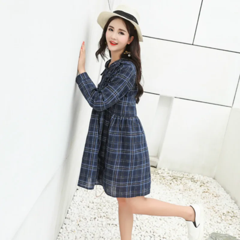 

Vintage Plaid Pregnancy Nursing Dresses for Pregnant Autumn Spring Korean Loose Mini Maternity Breastfeeding Dress Long Tops