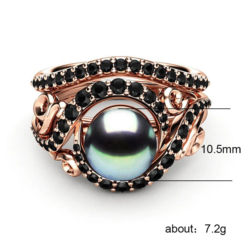 Модные кольца Huitan из розового золота с искусственным жемчугом, циркониевое кольцо с черным камнем, набор обручальных колец 2 в 1, женские кольца