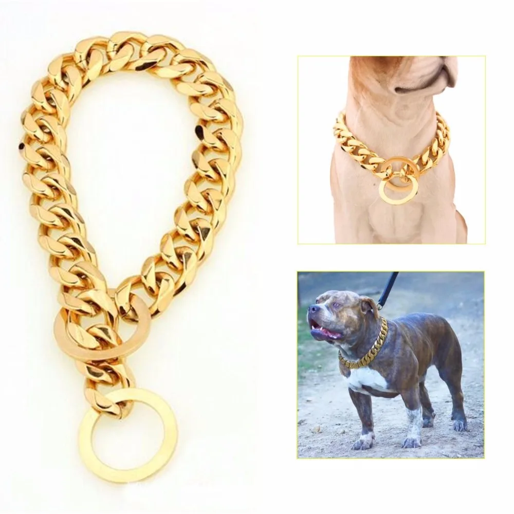 

Dog Supplies 12-22" Gold Chain Collar 13mm Wide Tone Double Curb Cuban Rombo Link 316L Stainless Steel Wholesale Pet Jewelry