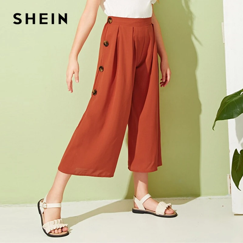 SHEIN Kiddie Girls Solid Button Side Pleated Palazzo Casual Pant Kids Bottom Summer High Waist Teenagers Loose Pants