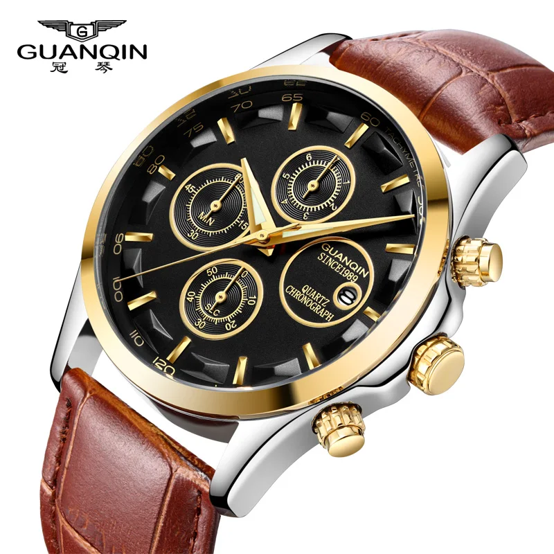

Mens Top Brand Luxury GUANQIN Watches Men Military Sport Luminous Wristwatch Chronograph Leather Quartz Watch relogio masculino