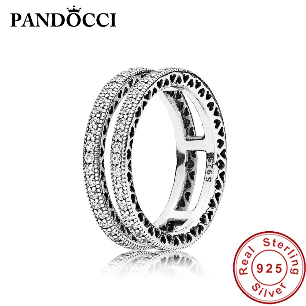 

PANDOCCI 100% 925 Sterling Silver 196236CZ DOUBLE HEARTS OF RING Ring Original Vintage Jewelry Factory Wholesale