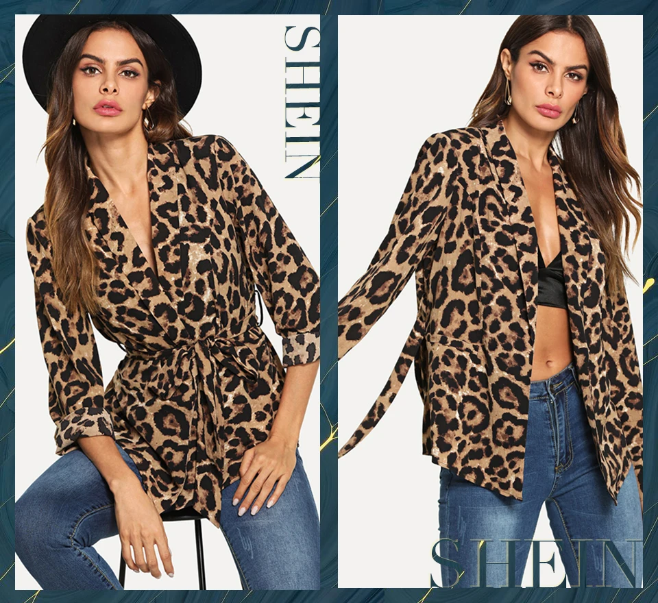 SHEIN Multicolor Highstreet Office Lady Shawl Collar Belted Leopard Print Elegant Blazer Autumn Workwear Women Outerwear