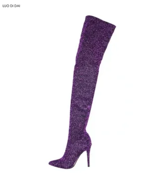

2020 glitter women boots thigh high skinny booties thin heel over knee high boots ladies party shoes sequin cloth booties women