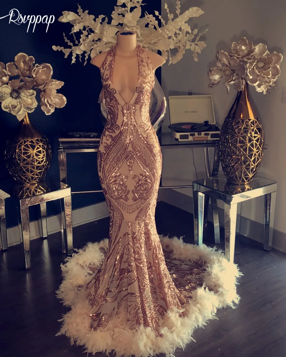 rose gold and black prom dress