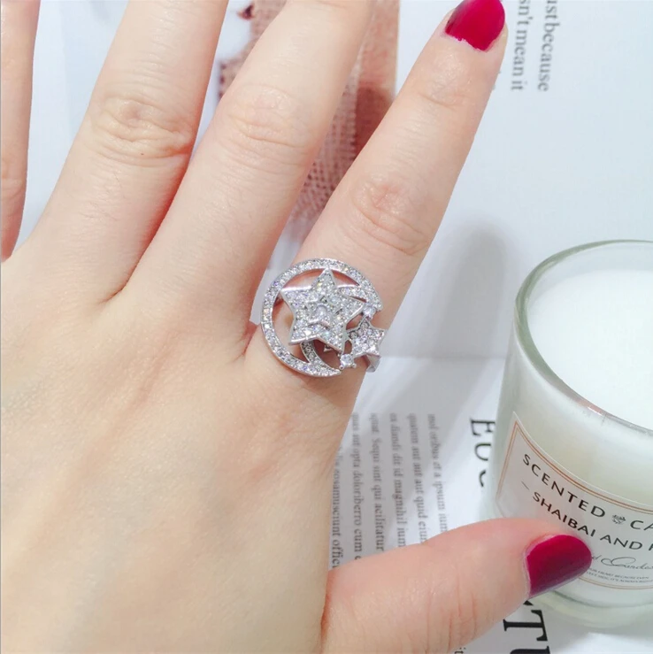 New Korean Wedding Rings Personality Star & Moon Zirconia Crystal Open