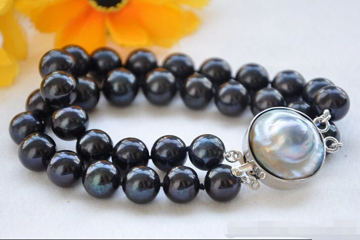 

Z5690 LUSTER 2ROW 8" 12mm ROUND BLACK FRESHWATER PEARL BRACELET MABE @^Noble style Natural Fine jewe SHIPPING 5.25