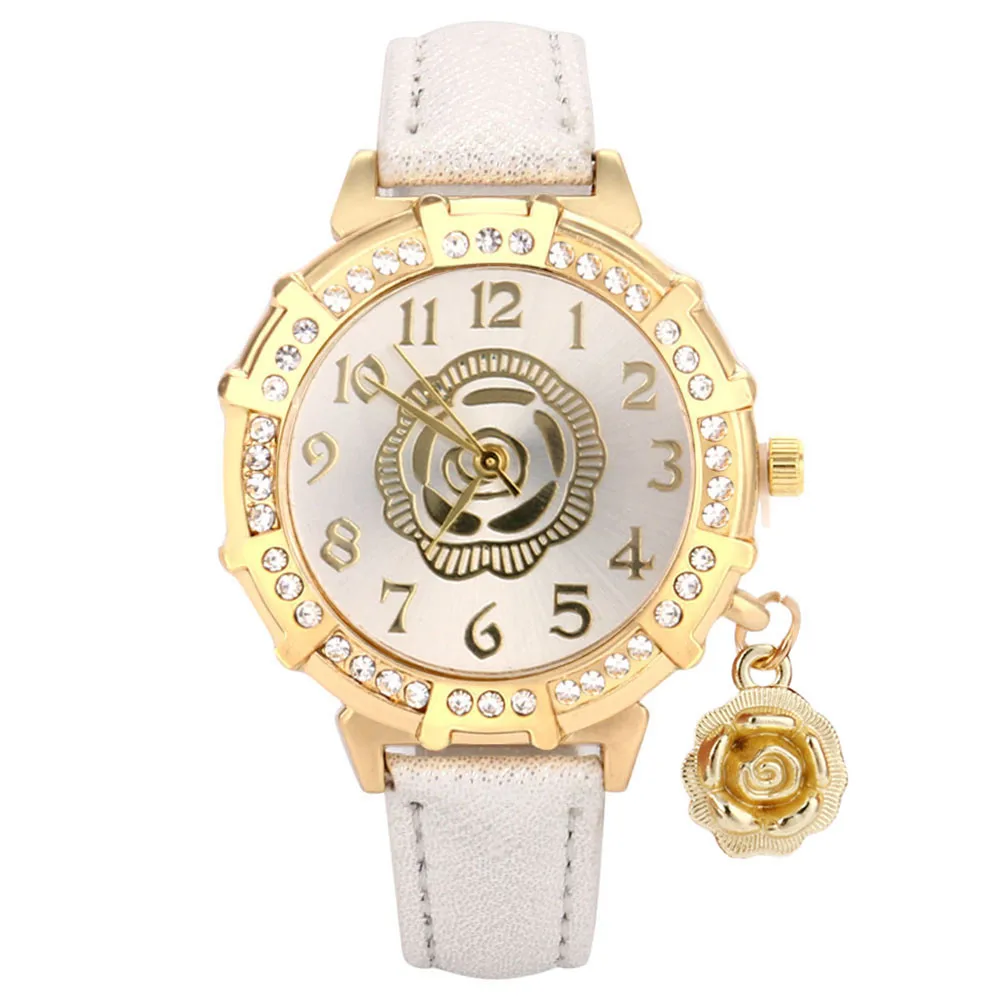 

Fashion Rose Pendant Rhinestone Watches Women Clock Leather Belt Ladies Casual Dress Quartz Wristwatch Feminino Gift Reloj #A