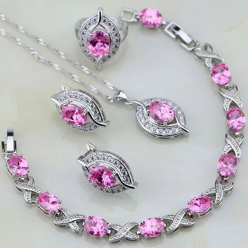 

925 Sterling Silver Pink Cubic Zirconia White Zircon Jewelry Sets For Women Wedding Earring/Pendant/Necklace/Bracelet/Ring