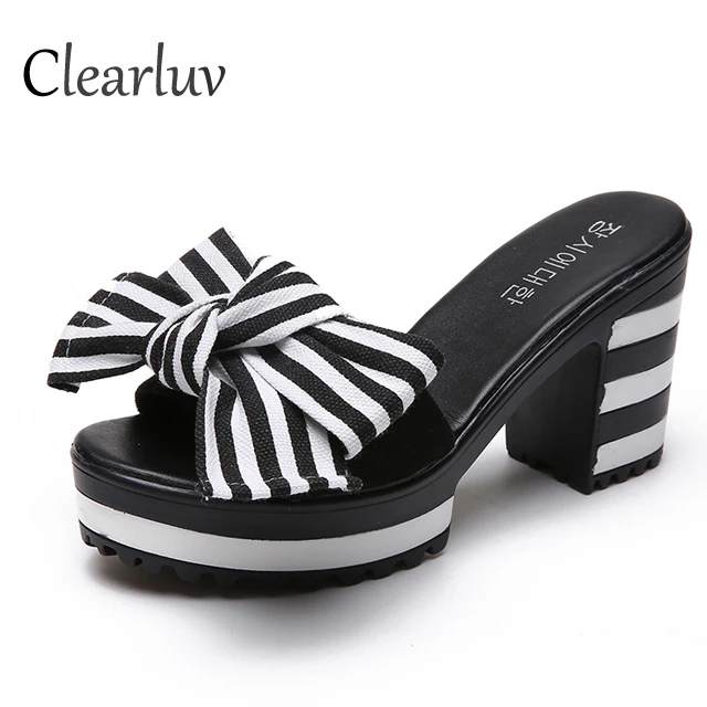

2019 summer high heel sandals thick bottom shallow thick with striped bow shoes women's dress dress slippers 8.5cm C1281