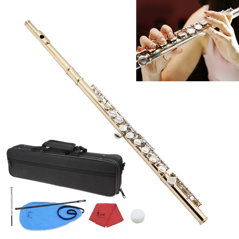 Gold 16 Holes C Key Flute Cupronickel Body Silver Keys Professional