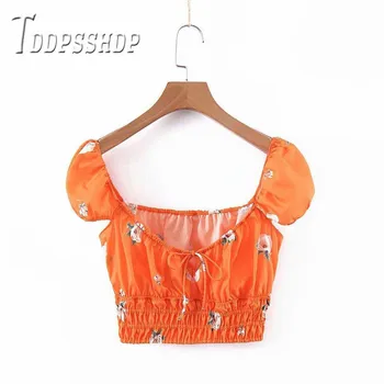 

2019 Summer Flower Printing Women Blouse Orange Color Short Female Blouses