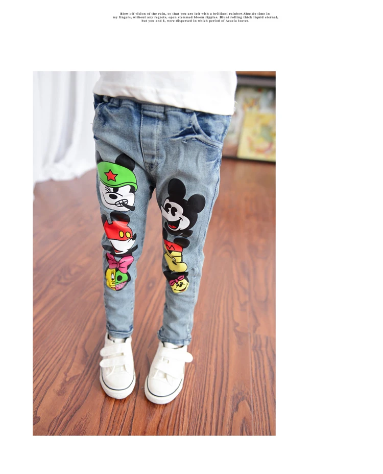Детская одежда Весна девичьи джинсы «скинни» Для малышей с персонажами из мультфильмов для мальчиков джинсовые штаны