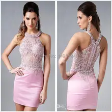2015 New Fashion Homecoming Kleider Sexy Halter Mini Rosa Chiffon Kristall Mieder Kurze Cocktailkleider