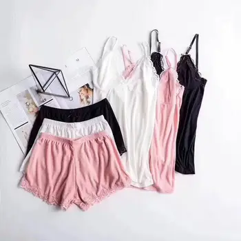 

Cotton Pajamas for Women Sexy Ladies Lace Night Wear Set Nighties Shorts Pyjama Femme Pink Deep V Sleepwear Lingerie Pajama Set