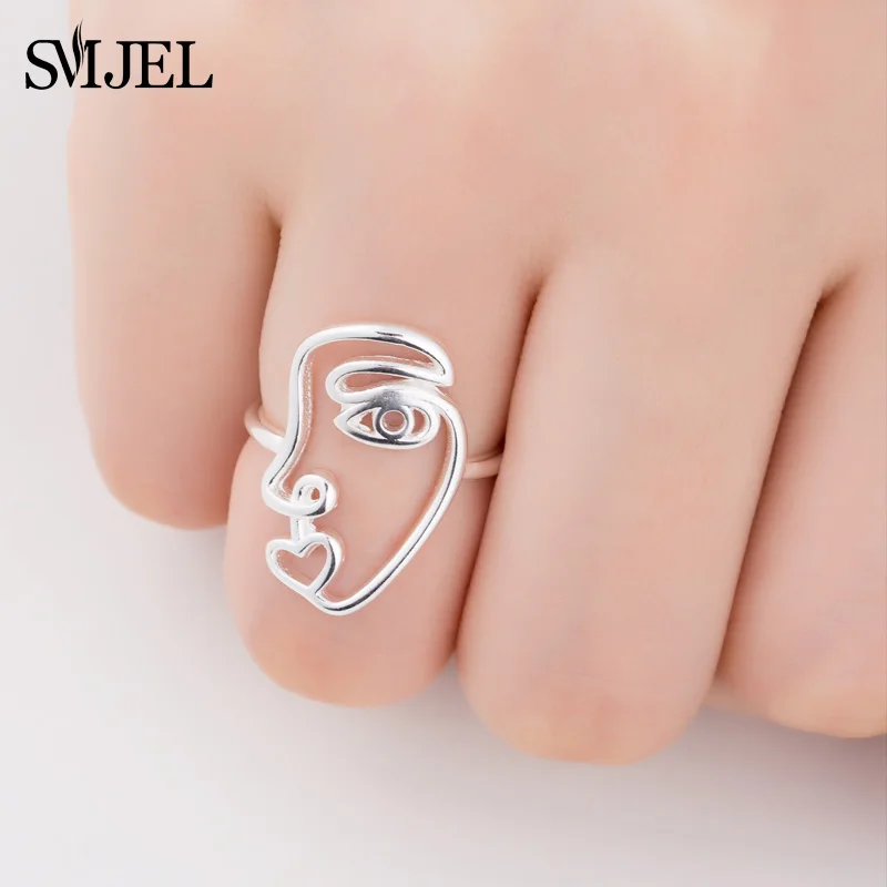 

SMJEL New Ethnic Wire Hollow Human Face Rings for Women Fashion Knuckle Ring Set Fingers Jewelry Best Friend Gift anillos mujer