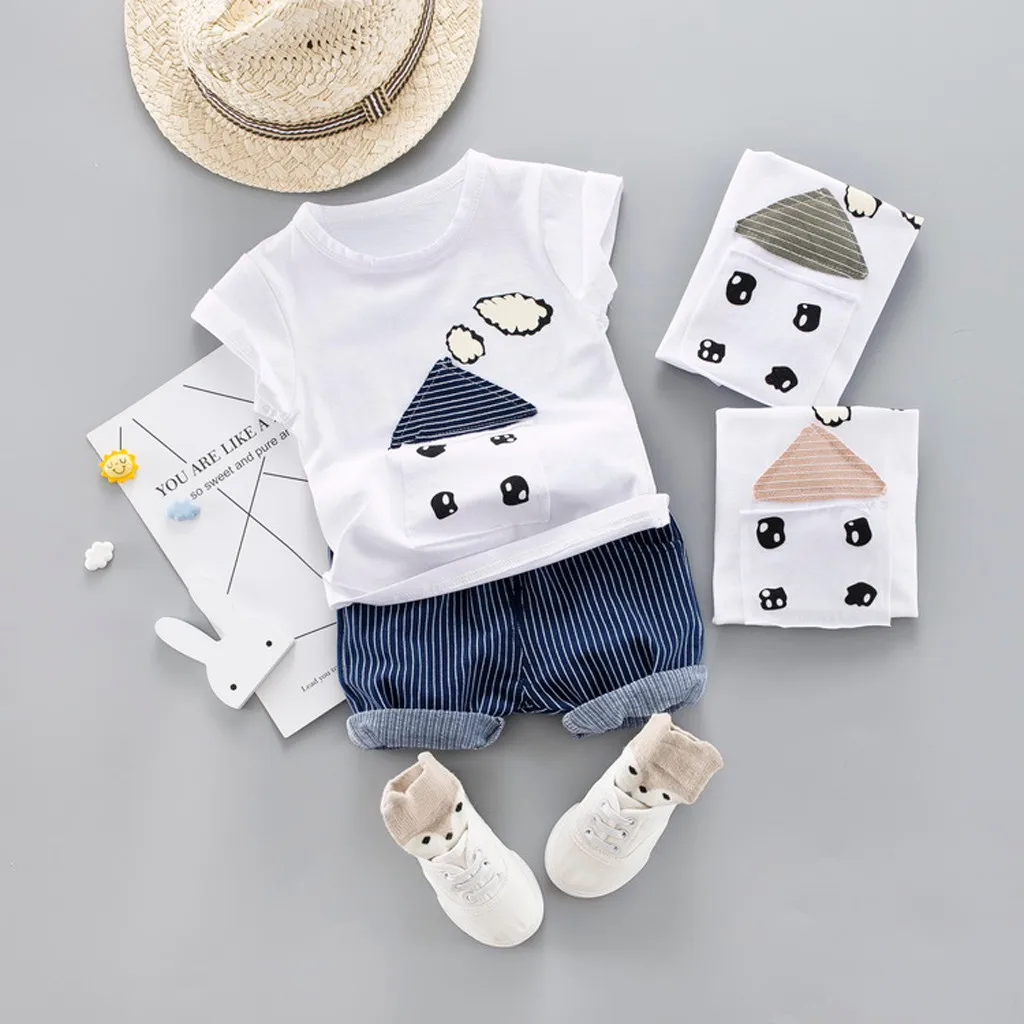 

Toddler Kid Baby Boys Cartoon Striped Print Tops Shorts 2PC Outfits Sets Summer Kids Child Summer