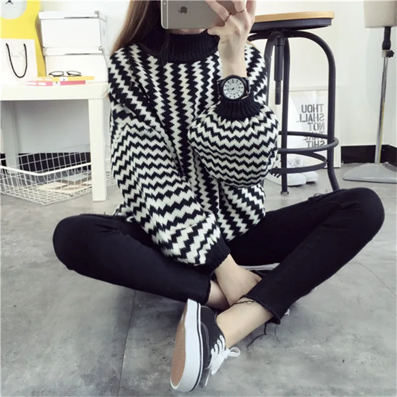 Women Turtleneck Sweaters Knitted Black White Striped Lantern Sleeve Oversized Pullover Luxury Casual Winter Sweater