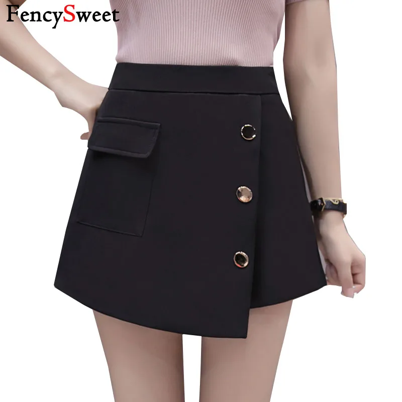 FencySweet Irregular High Waist Shorts Skirts Women Casual Single-breasted Wide Leg Black Short Pocket Woman Summer Culottes | Женская