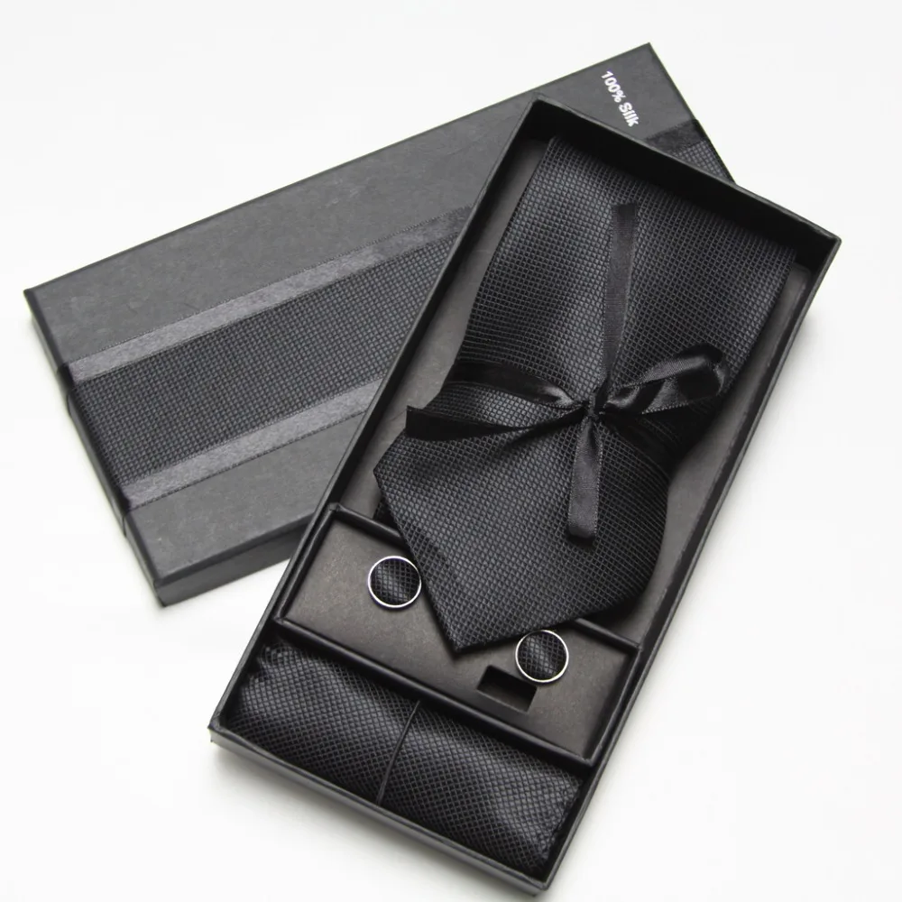Men Tie Sets Neck Tie Hankerchiefs Cufflinks 10 colours Box gift polyester handmade