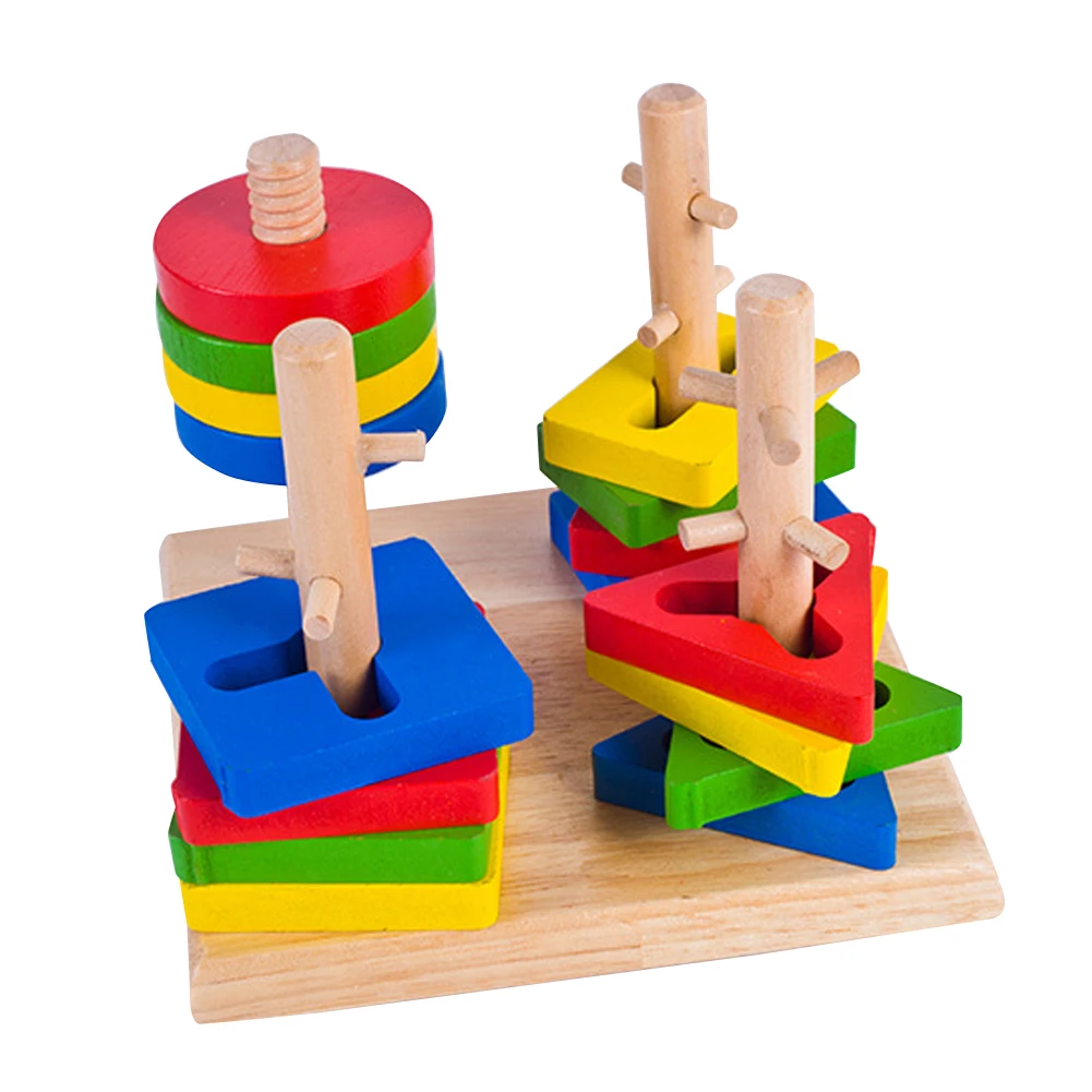 Wooden Column Shapes Stacking Toys Baby Preschool Educational Geometric Sorting Board Blocks Montessori Building Blocks baby-building-blocks-wooden