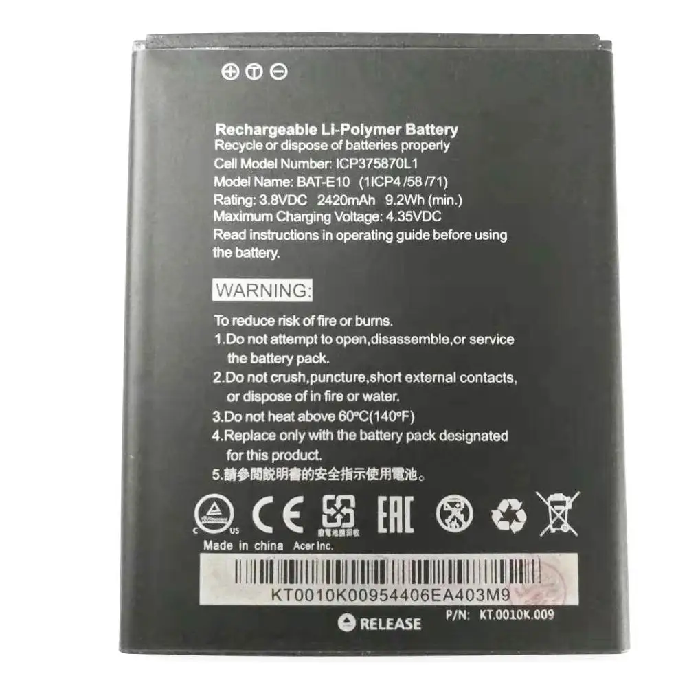 Сменный аккумулятор для телефона Acer Z530 LTE T02 Z530S BATE10 (1ICP4/58/71) 2400 мАч аккумуляторы
