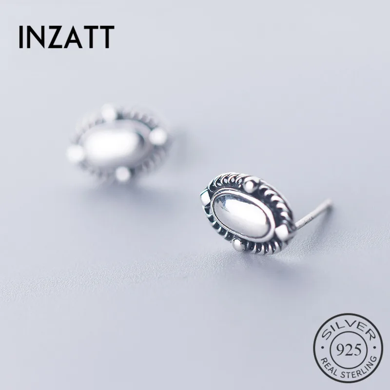 

INZATT Real 925 Sterling Silver Geometric Oval Vintage Stud Earrings For Fashion Women Party Fine Jewelry Accessories 2019