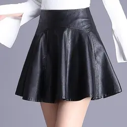 Hanyiren искусственная кожа юбка плиссированные для женщин Мини PU Высокая талия 2019 демисезонный однотонные черные юбки пачки плюс размеры 5XL