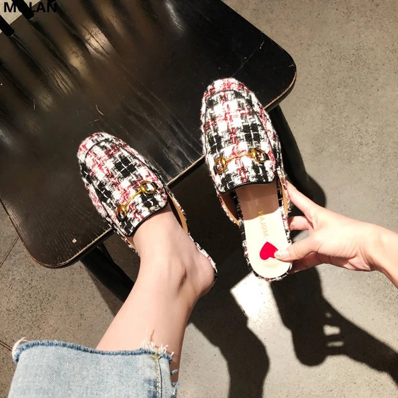 

MOLAN Brand Designers 2018 New Fashion Plaid Cloth Woman Shoes Metal Chain Flat Slides Slip On Loafers Mules Flip Flops 35-41
