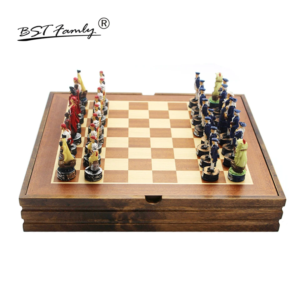 

BSTFAMLY Resin Chess Set International Chess Game Wooden Box Chessboard Chessman Resin Chess Pieces King Height 75mm Gift I46