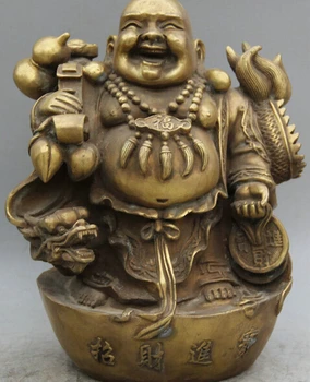 

ZSR 1026++++++13" China Brass Wealth Happy Laugh Maitreya Buddha Peach Dragon Yuan Bao Statue