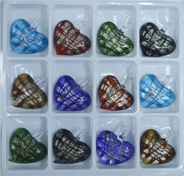 

Bohemian Italian Venetian Heart Hand Blown Inner Silver Foil Lampwork Murano Glass Pendant Necklace Jewelry Gift For Woman