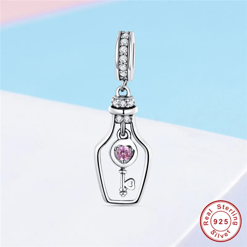 

fit Pandora Bracelet Original 925 Sterling Silver Heart Pink CZ Inner Key Drifting Bottle Charms Meet Love Fate Beads Necklace