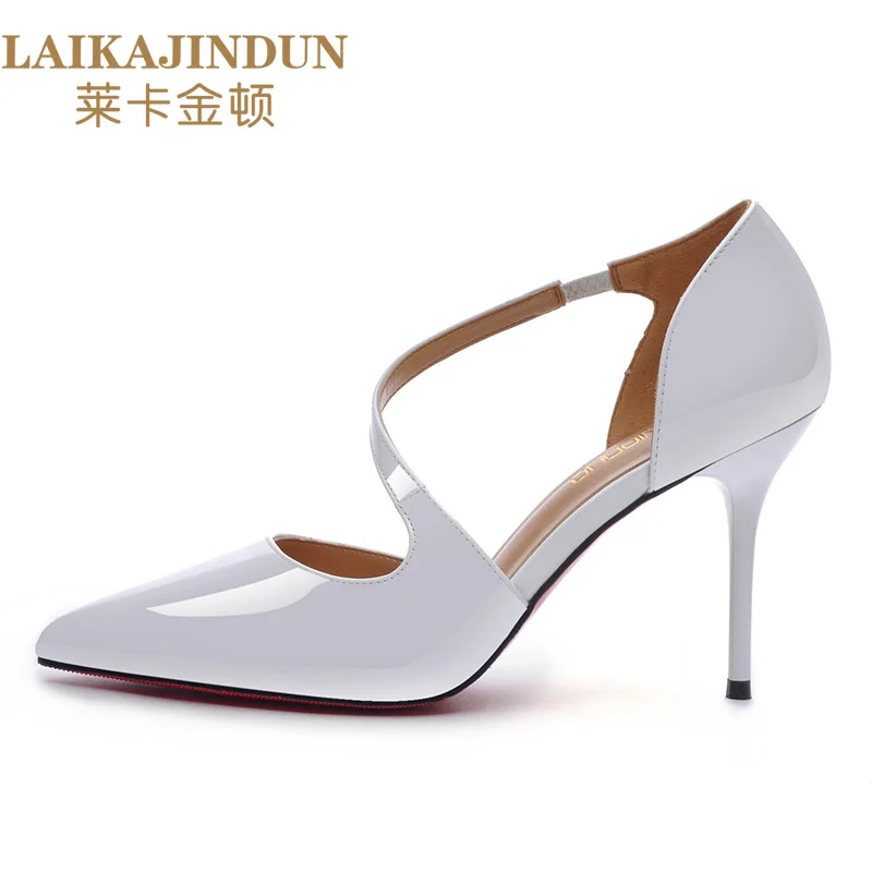 

LAIKAJINDUN Brand Women Dress Shoes 2017 Summer Patent Leather Heels Red Bottom Pumps Scarpin Ankle Strap Elegant White Pumps