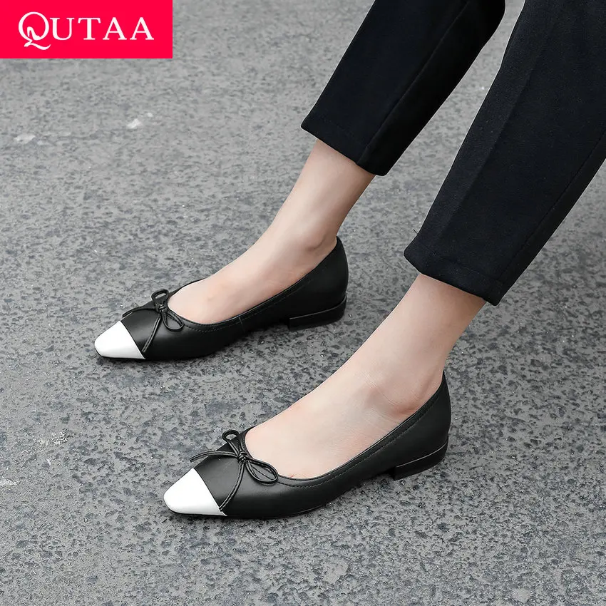 

QUTAA 2019 Woman Flats Cow Leather Low Heel Butterfly-Knot Pointed Toe Mixed Color Lovely Spring/Autumn Soft Shoes Size 34-41