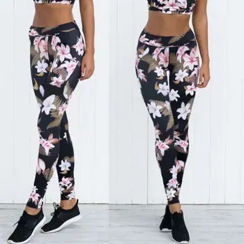 

Women High Waist Fitness Leggings Long Trousers Black Floral Slim Leggings