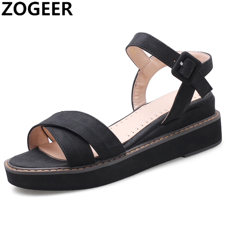 

Summer Platform Women Sandals PU Leather Flat Heels Wedge Ladies Sandalias Shoes Casual Black Pink Gladiator Sandals Women